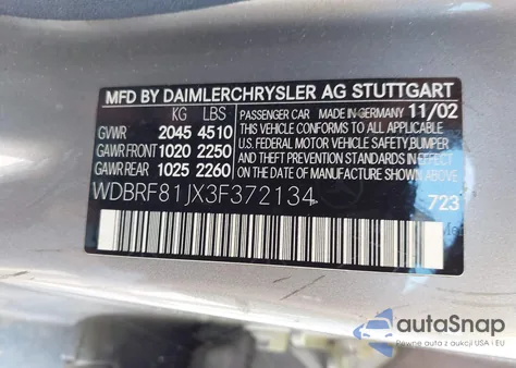 2003 Mercedes-Benz C 240 from USA, damaged, VIN WDBRF81JX3F372134